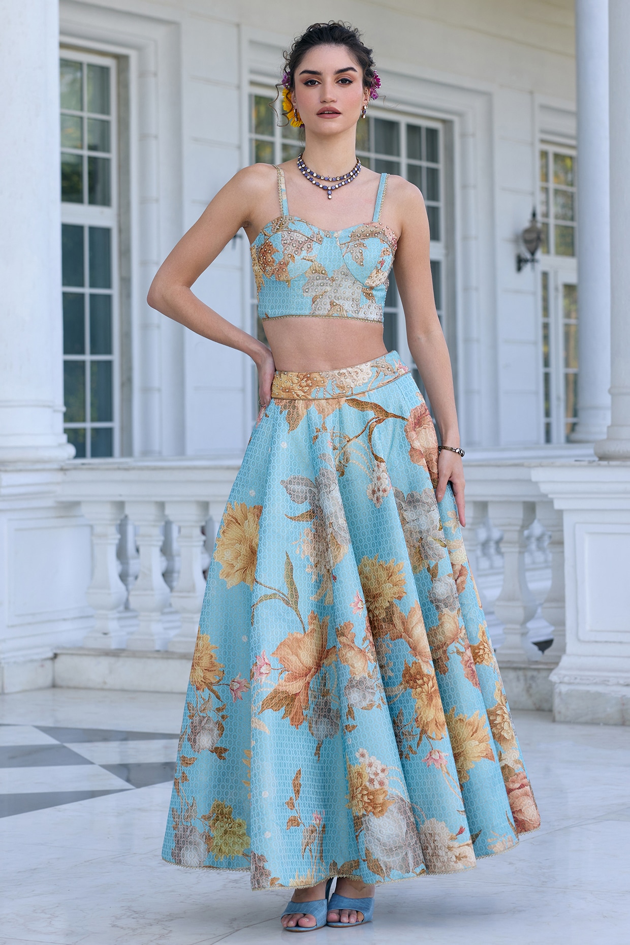 Sky Blue Viscose Brocade Floral Printed A-Line Skirt Set by