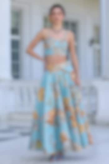 Sky Blue Viscose Brocade Floral Printed A-Line Skirt Set by Kalista at Pernia's Pop Up Shop