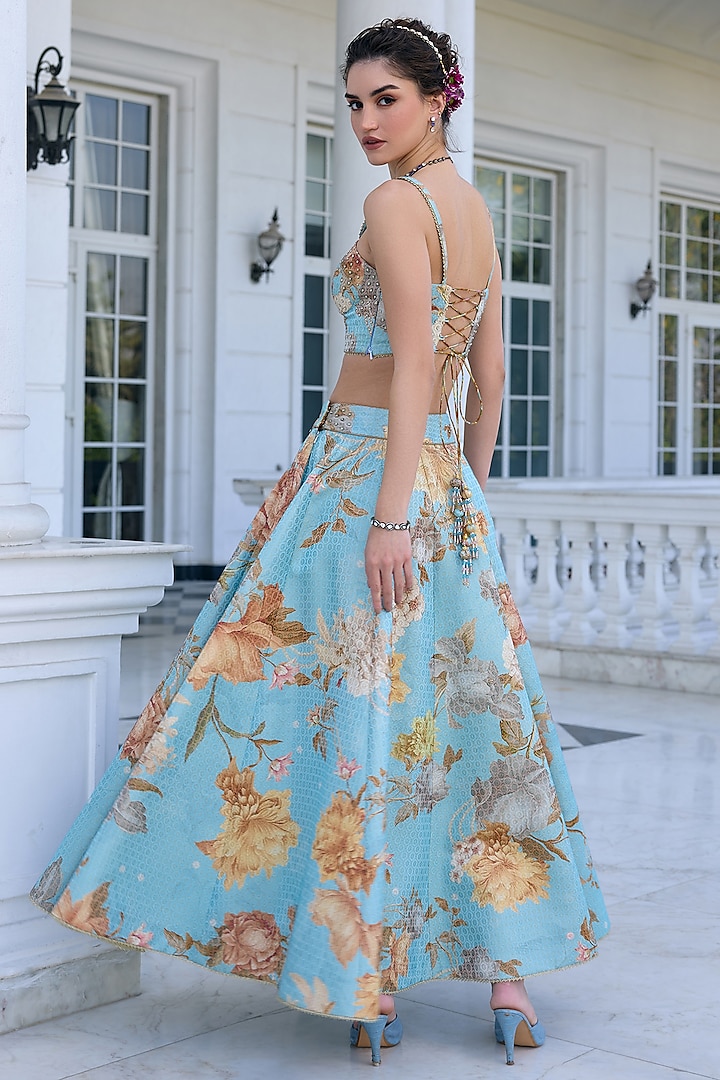 Sky Blue Viscose Brocade Floral Printed A-Line Skirt Set by Kalista at Pernia's Pop Up Shop
