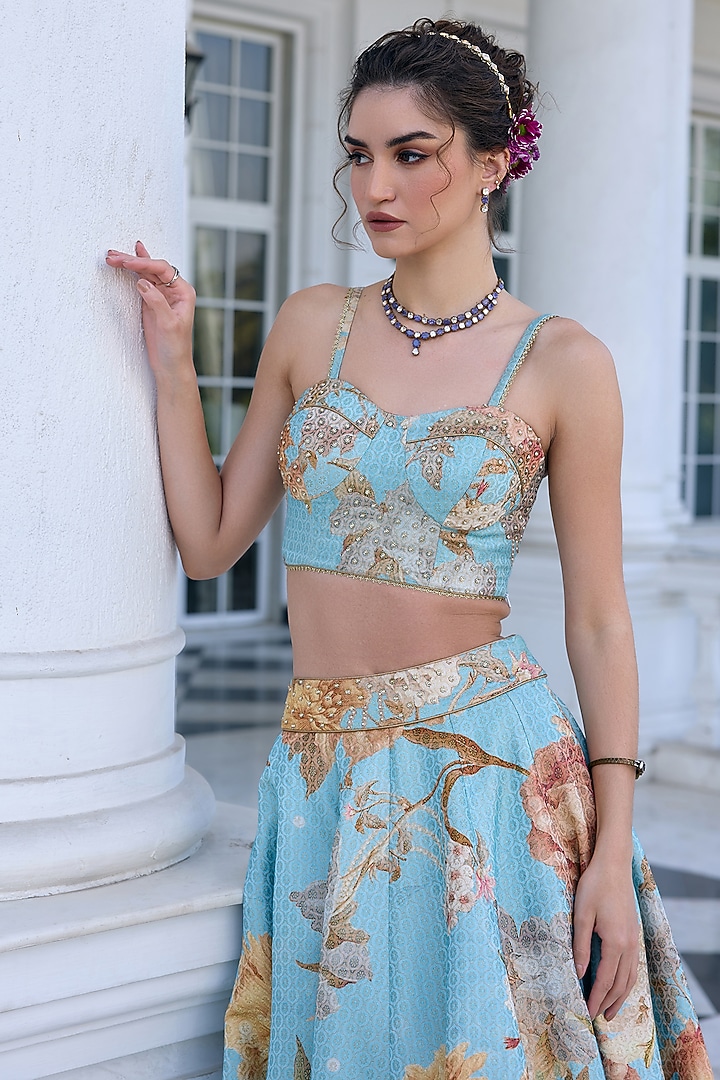Sky Blue Viscose Brocade Floral Printed A-Line Skirt Set by Kalista at Pernia's Pop Up Shop