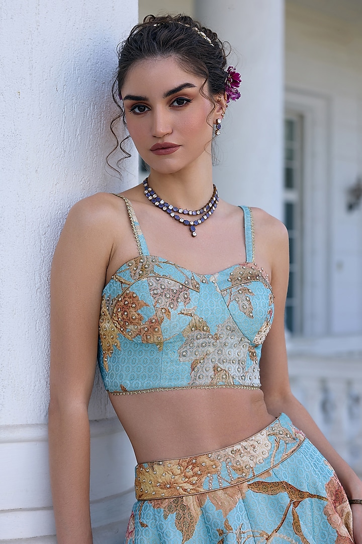Sky Blue Viscose Brocade Floral Printed A-Line Skirt Set by Kalista at Pernia's Pop Up Shop