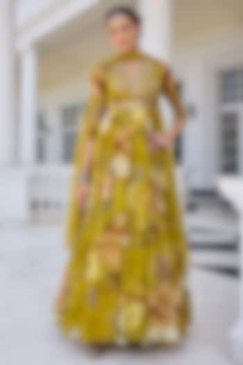 Mustard Yellow Organza Floral Printed Flowy Wedding Anarkali Set by Kalista at Pernia's Pop Up Shop
