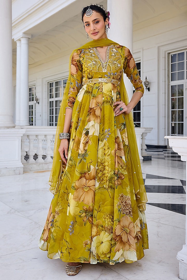 Mustard Yellow Organza Floral Printed Flowy Wedding Anarkali Set by Kalista at Pernia's Pop Up Shop