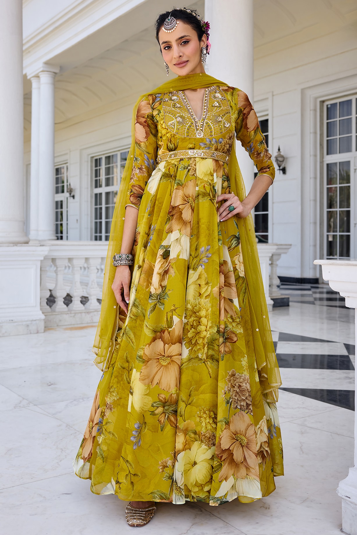 Pernia's Pop Up Shop - Kalista Women Mustard Yellow Organza Floral Printed Flowy Anarkali Set
