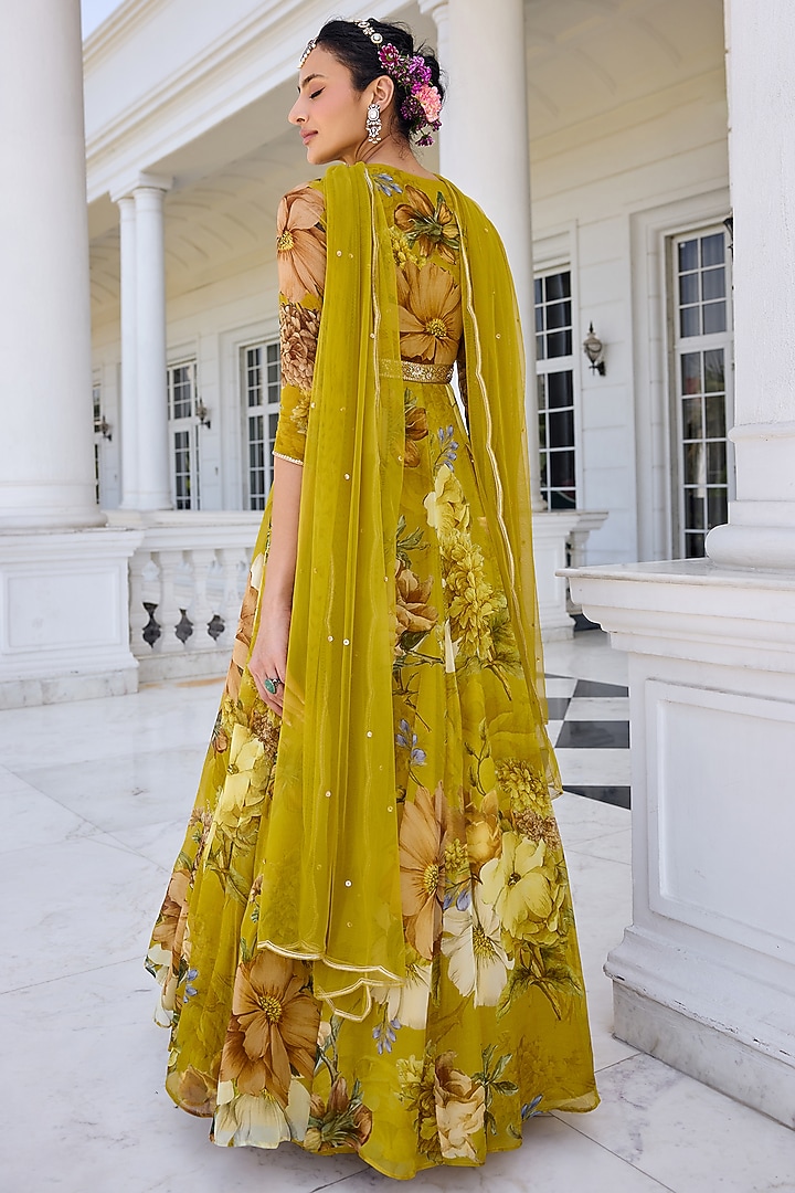 Mustard Yellow Organza Floral Printed Flowy Wedding Anarkali Set by Kalista at Pernia's Pop Up Shop