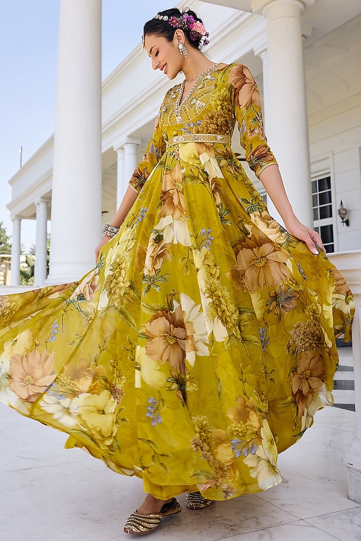 Mustard Yellow Organza Floral Printed Flowy Wedding Anarkali Set by Kalista at Pernia's Pop Up Shop 2026 Mustard Yellow Organza Floral Printed Flowy Wedding Anarkali Set by Kalista at Pernia's Pop Up Shop 2026