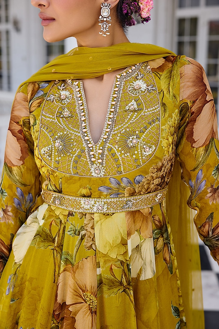 Mustard Yellow Organza Floral Printed Flowy Wedding Anarkali Set by Kalista at Pernia's Pop Up Shop