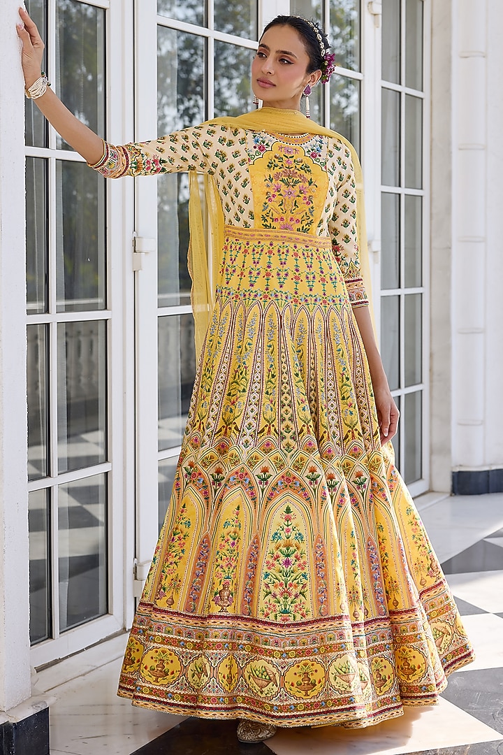Yellow Dola Silk Sequins Embroidered Regal Wedding Anarkali Set by Kalista at Pernia's Pop Up Shop