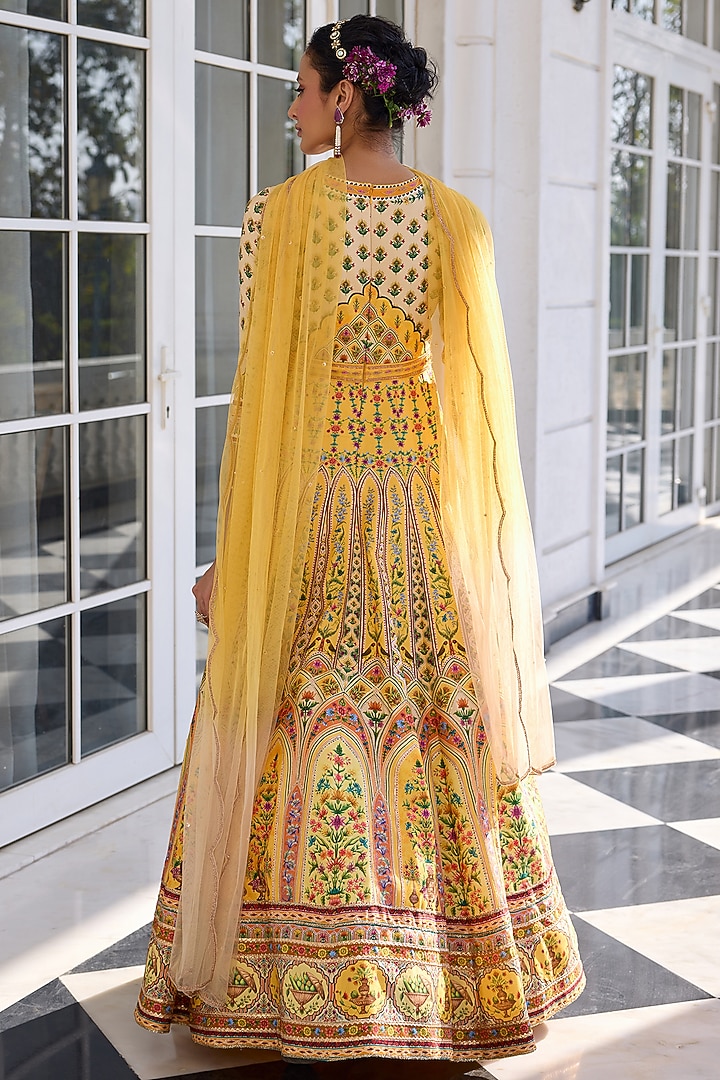 Yellow Dola Silk Sequins Embroidered Regal Wedding Anarkali Set by Kalista at Pernia's Pop Up Shop