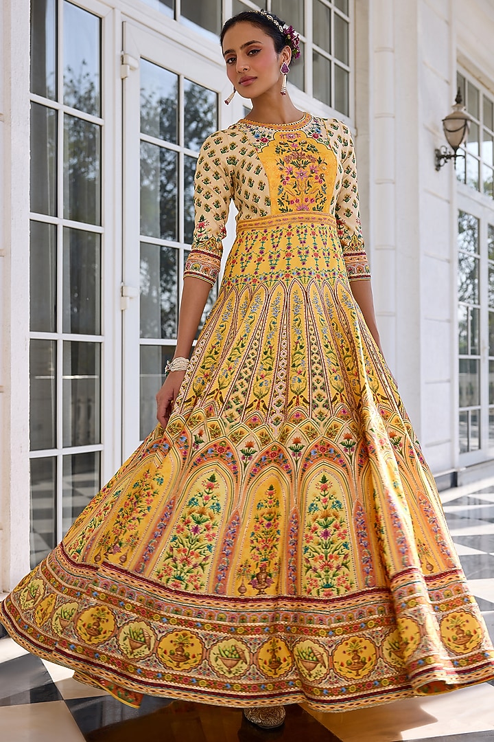 Yellow Dola Silk Sequins Embroidered Regal Wedding Anarkali Set by Kalista at Pernia's Pop Up Shop