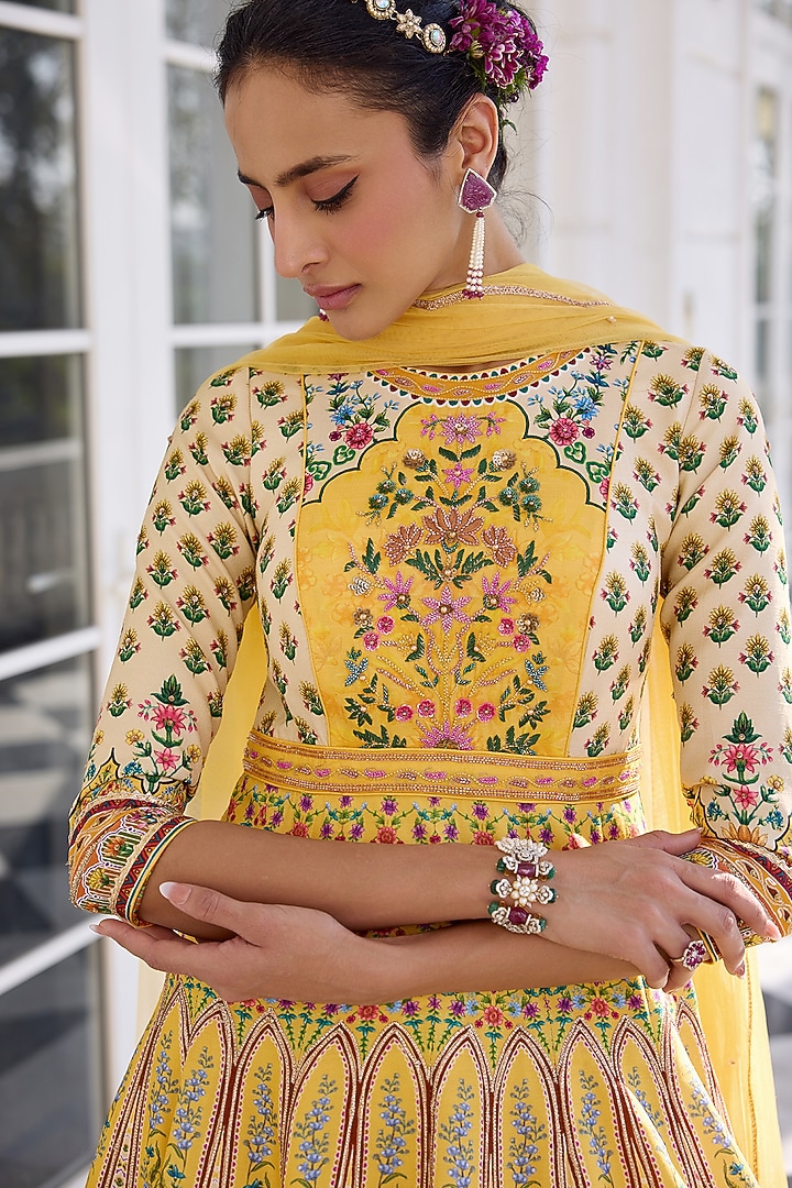 Yellow Dola Silk Sequins Embroidered Regal Wedding Anarkali Set by Kalista at Pernia's Pop Up Shop
