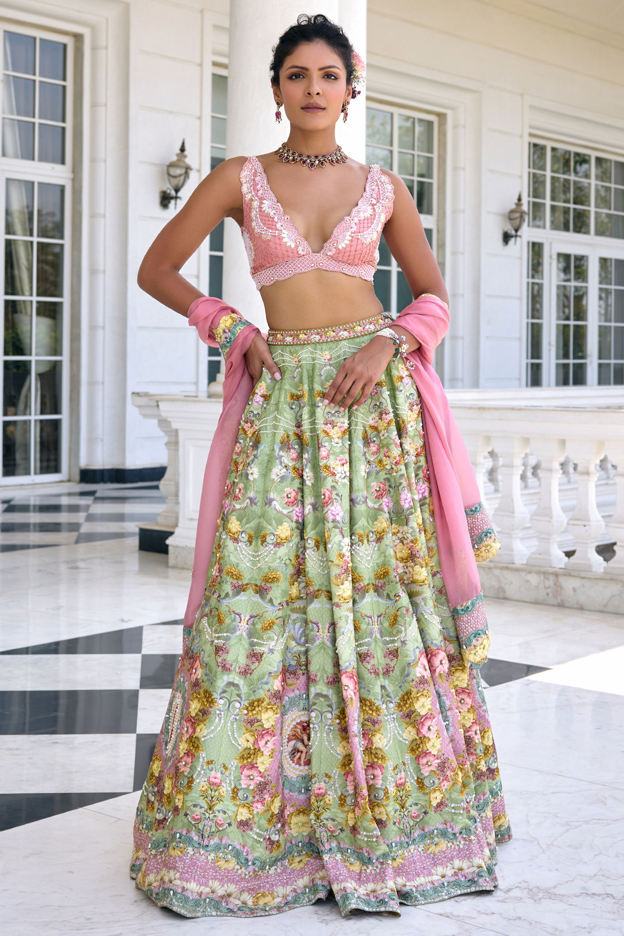 Green Dola Silk Floral Motif Printed Wedding Lehenga Set by Kalista at Pernia's Pop Up Shop