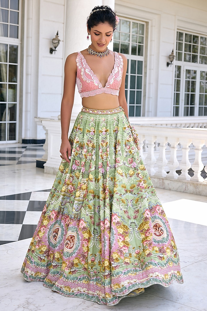 Green Dola Silk Floral Motif Printed Wedding Lehenga Set by Kalista at Pernia's Pop Up Shop