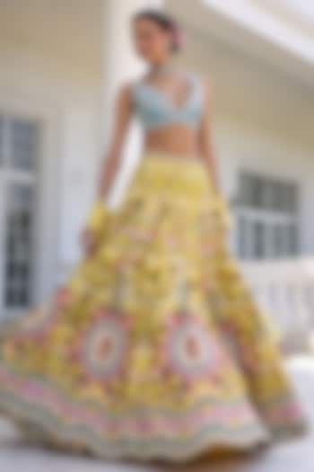 Yellow Dola Silk Floral Motif Printed Wedding Lehenga Set by Kalista at Pernia's Pop Up Shop