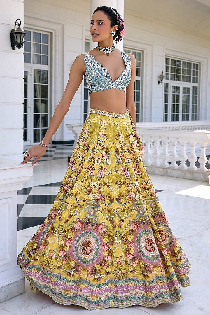 Yellow Dola Silk Floral Motif Printed Wedding Lehenga Set by Kalista at Pernia's Pop Up Shop