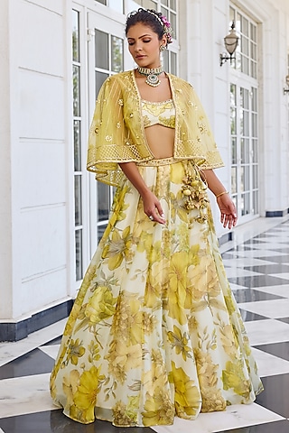Yellow Organza Floral Printed Skirt Set by Kalista