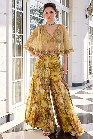 Beige Chinon Floral Motif Printed Sharara Set by Kalista
