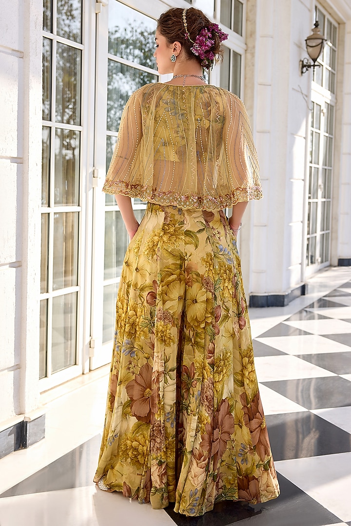 Beige Chinon Floral Motif Printed Wedding Sharara Set by Kalista at Pernia's Pop Up Shop