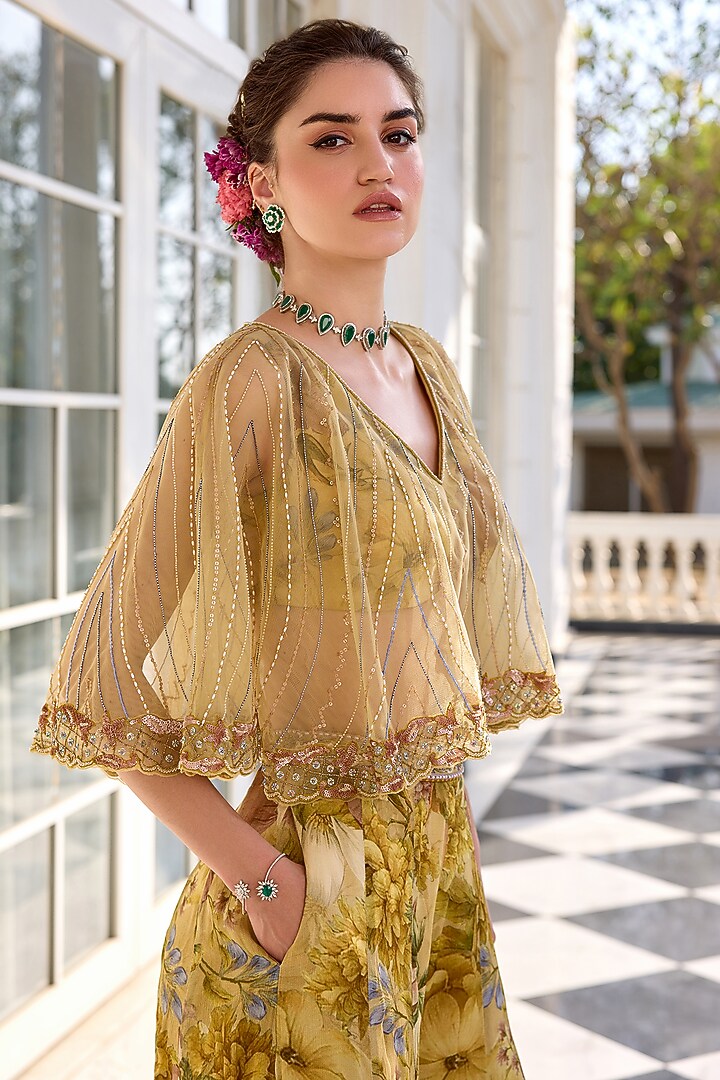 Beige Chinon Floral Motif Printed Wedding Sharara Set by Kalista at Pernia's Pop Up Shop