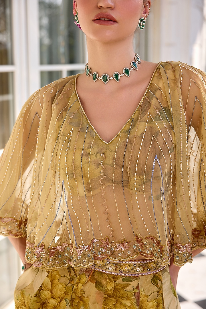 Beige Chinon Floral Motif Printed Wedding Sharara Set by Kalista at Pernia's Pop Up Shop