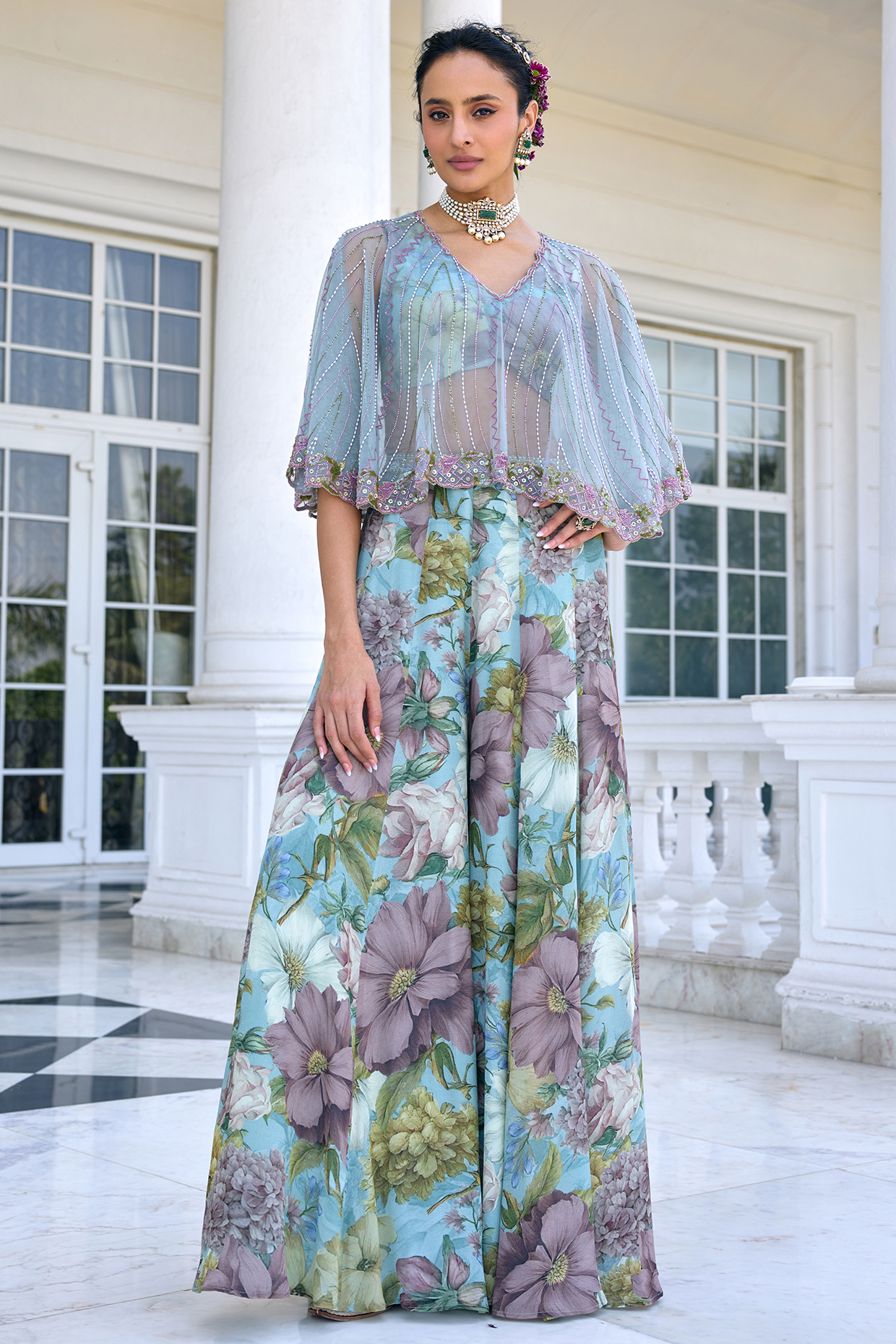 Aqua Blue Chinon Floral Motif Printed Sharara Set by Kalista at Pernia's Pop Up Shop