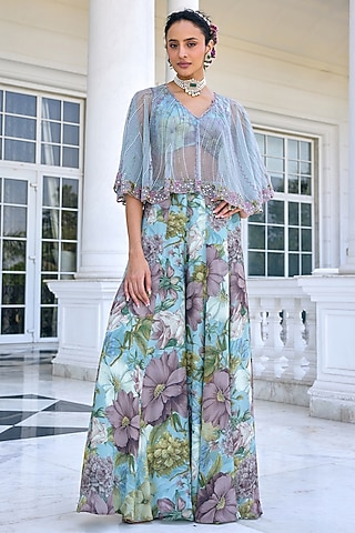 Aqua Blue Chinon Floral Motif Printed Sharara Set by Kalista