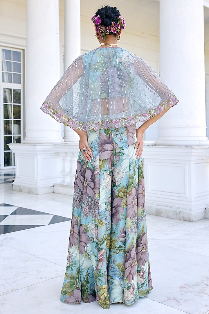 Aqua Blue Chinon Floral Motif Printed Wedding Sharara Set by Kalista at Pernia's Pop Up Shop