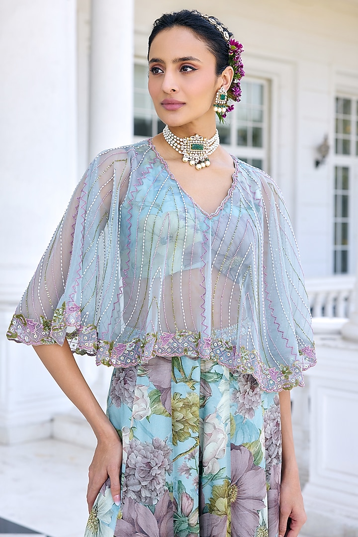 Aqua Blue Chinon Floral Motif Printed Wedding Sharara Set by Kalista at Pernia's Pop Up Shop