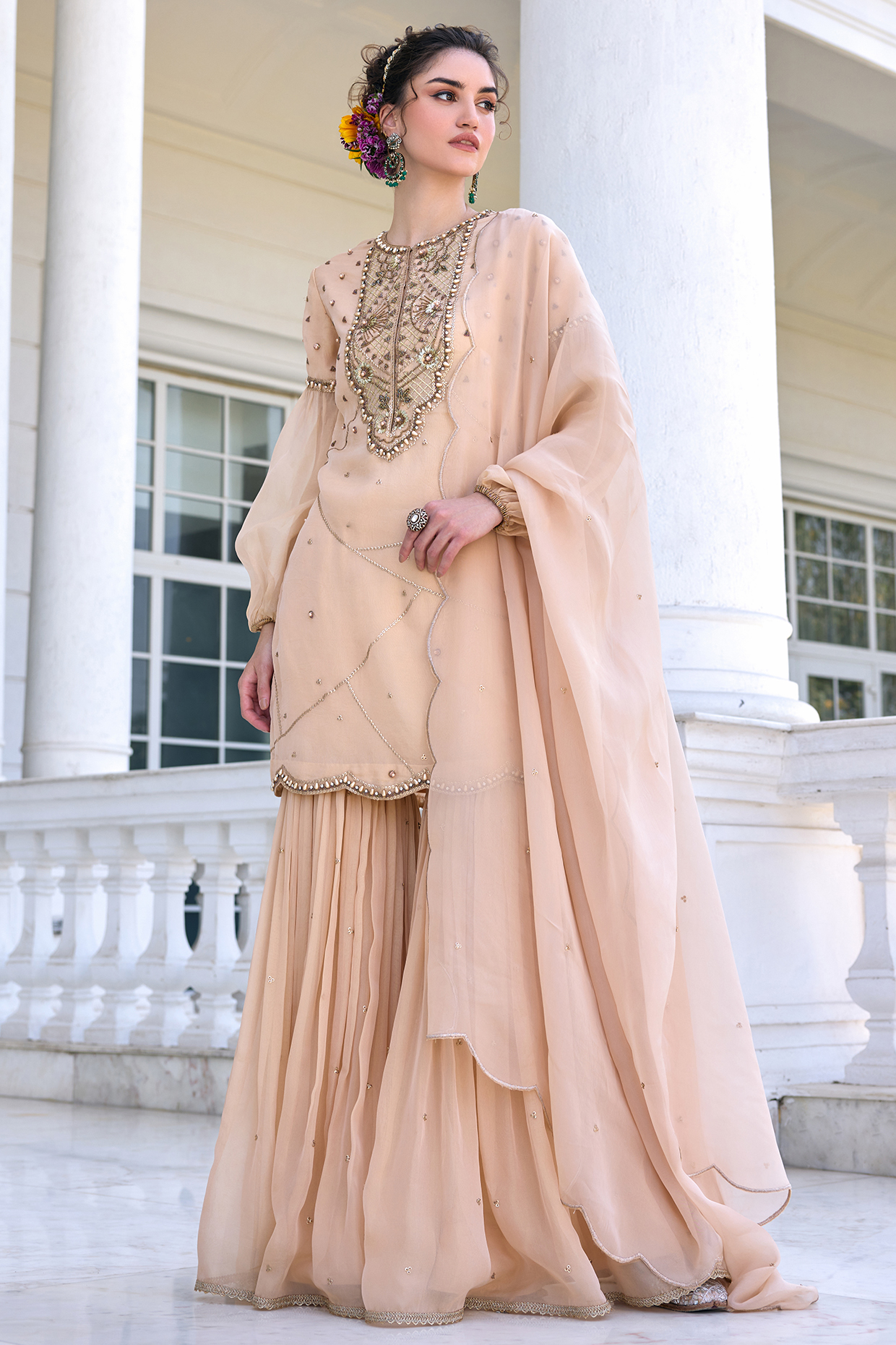Beige Tissue Flowy Gharara Set by Kalista at Pernia's Pop Up Shop