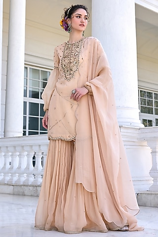 Beige Tissue Flowy Gharara Set by Kalista