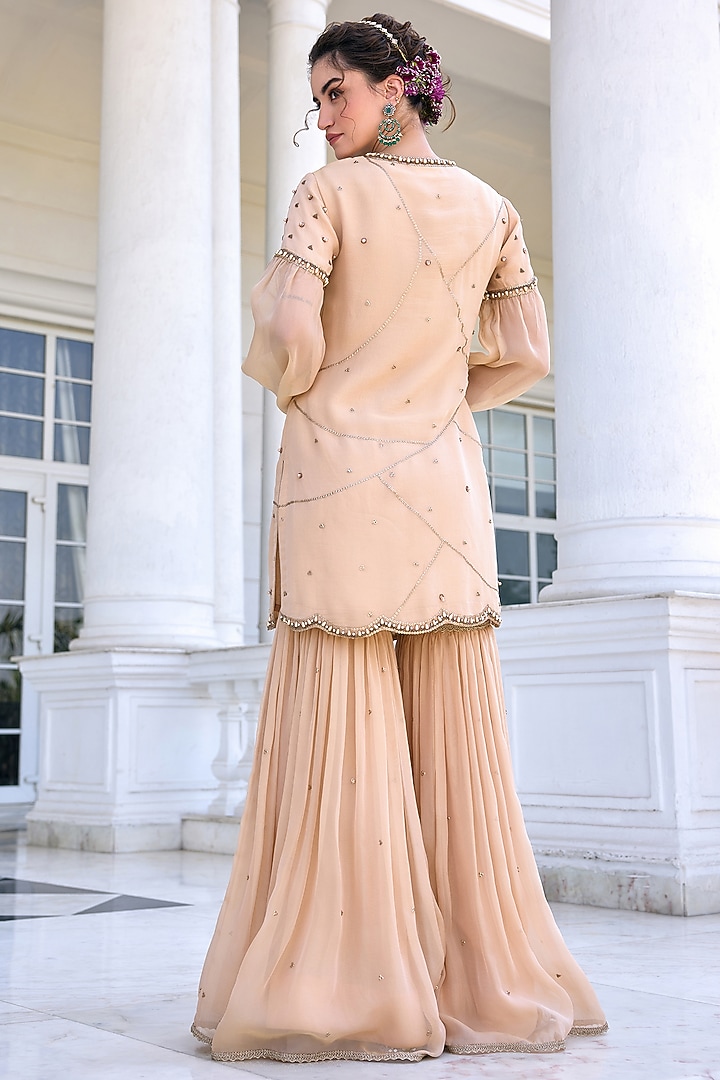 Beige Tissue Flowy Gharara Set by Kalista at Pernia's Pop Up Shop