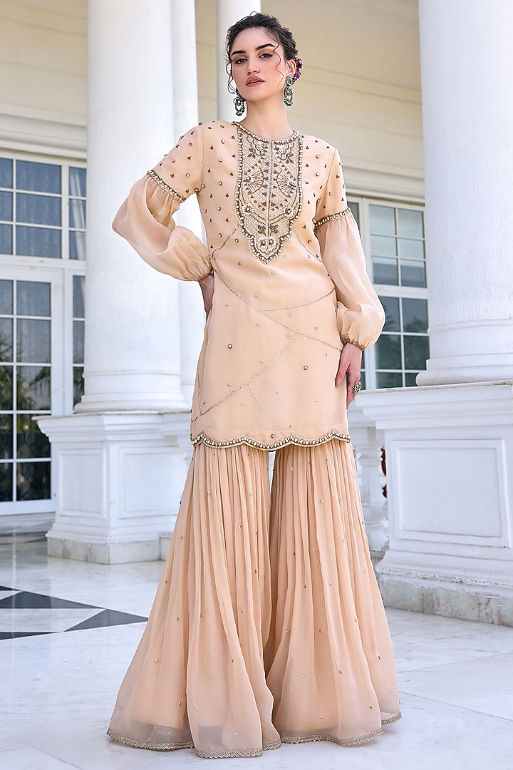 Beige Tissue Flowy Gharara Set by Kalista at Pernia's Pop Up Shop