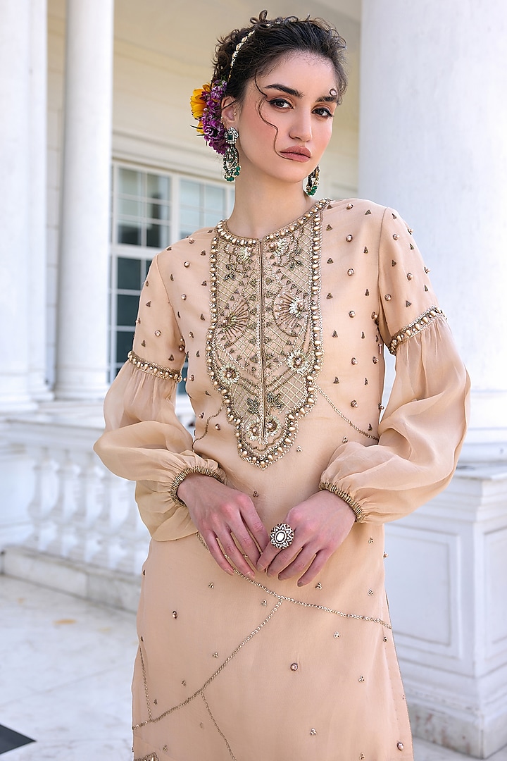Beige Tissue Flowy Gharara Set by Kalista at Pernia's Pop Up Shop