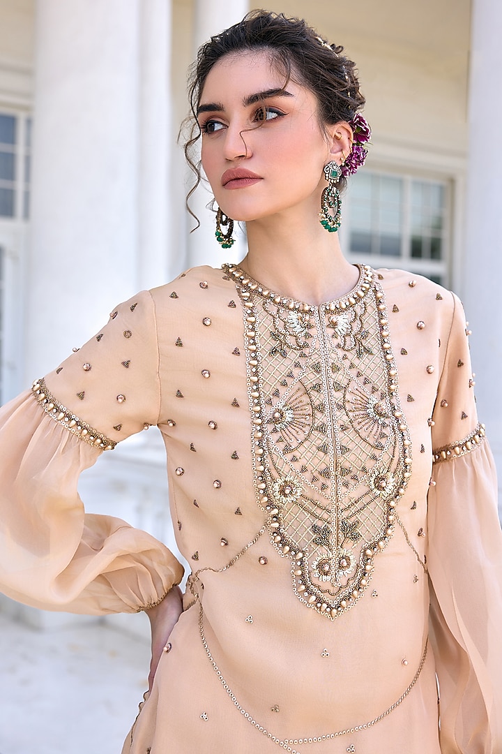 Beige Tissue Flowy Gharara Set by Kalista at Pernia's Pop Up Shop