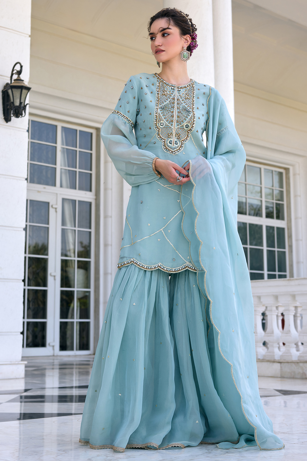 Aqua Blue Tissue Flowy Gharara Set by Kalista at Pernia's Pop Up Shop