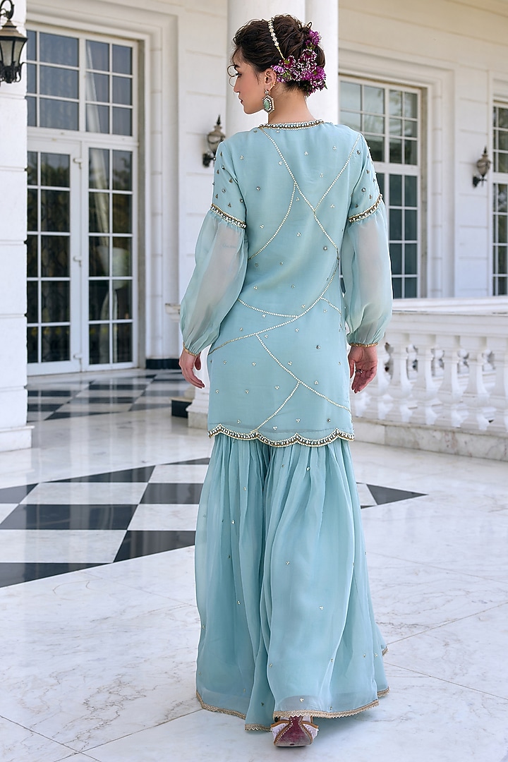 Aqua Blue Tissue Flowy Gharara Set by Kalista at Pernia's Pop Up Shop