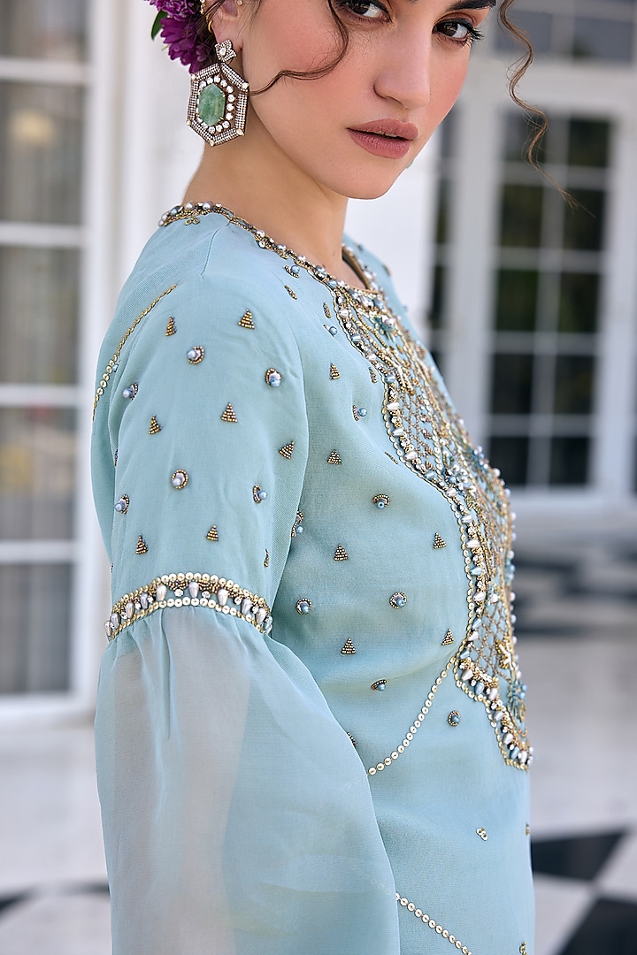 Aqua Blue Tissue Flowy Gharara Set by Kalista at Pernia's Pop Up Shop