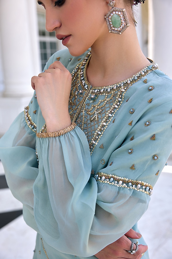 Aqua Blue Tissue Flowy Gharara Set by Kalista at Pernia's Pop Up Shop