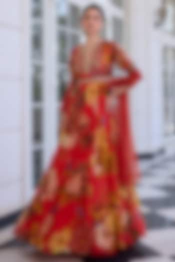 Orange Organza Hand Embroidered Wedding Anarkali Set by Kalista at Pernia's Pop Up Shop