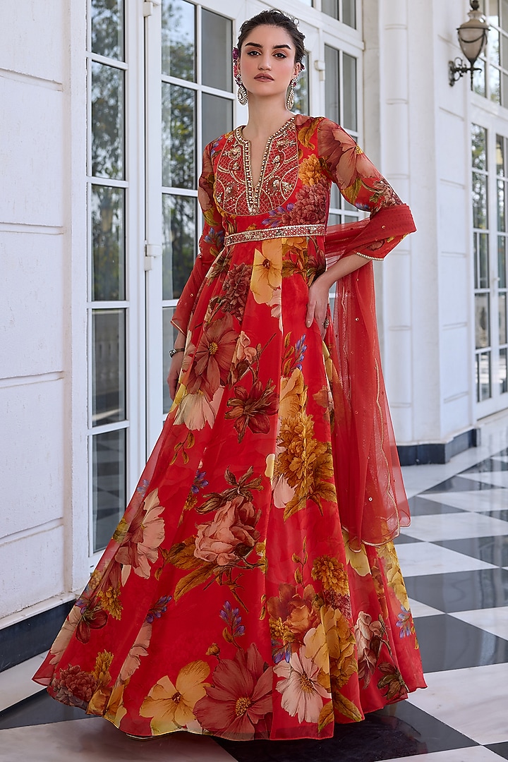 Orange Organza Hand Embroidered Wedding Anarkali Set by Kalista at Pernia's Pop Up Shop