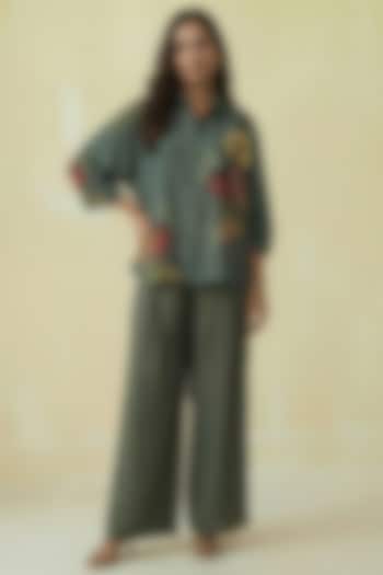 Hunter Green Silk Cotton Floral Printed Co-Ord Set by Kalista at Pernia's Pop Up Shop