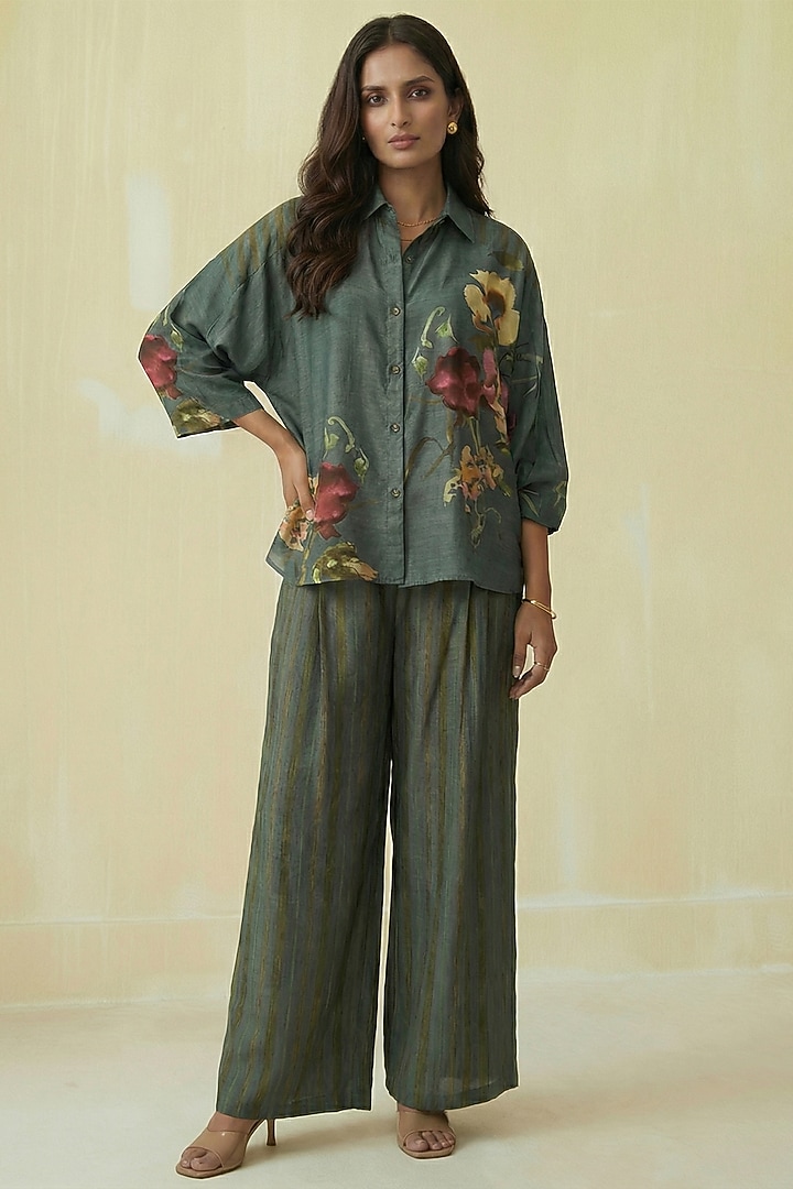 Hunter Green Silk Cotton Floral Printed Co-Ord Set by Kalista at Pernia's Pop Up Shop