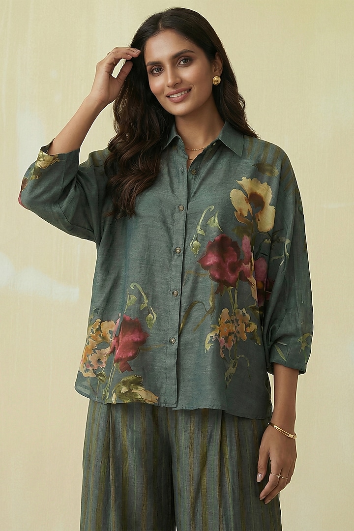 Hunter Green Silk Cotton Floral Printed Co-Ord Set by Kalista at Pernia's Pop Up Shop