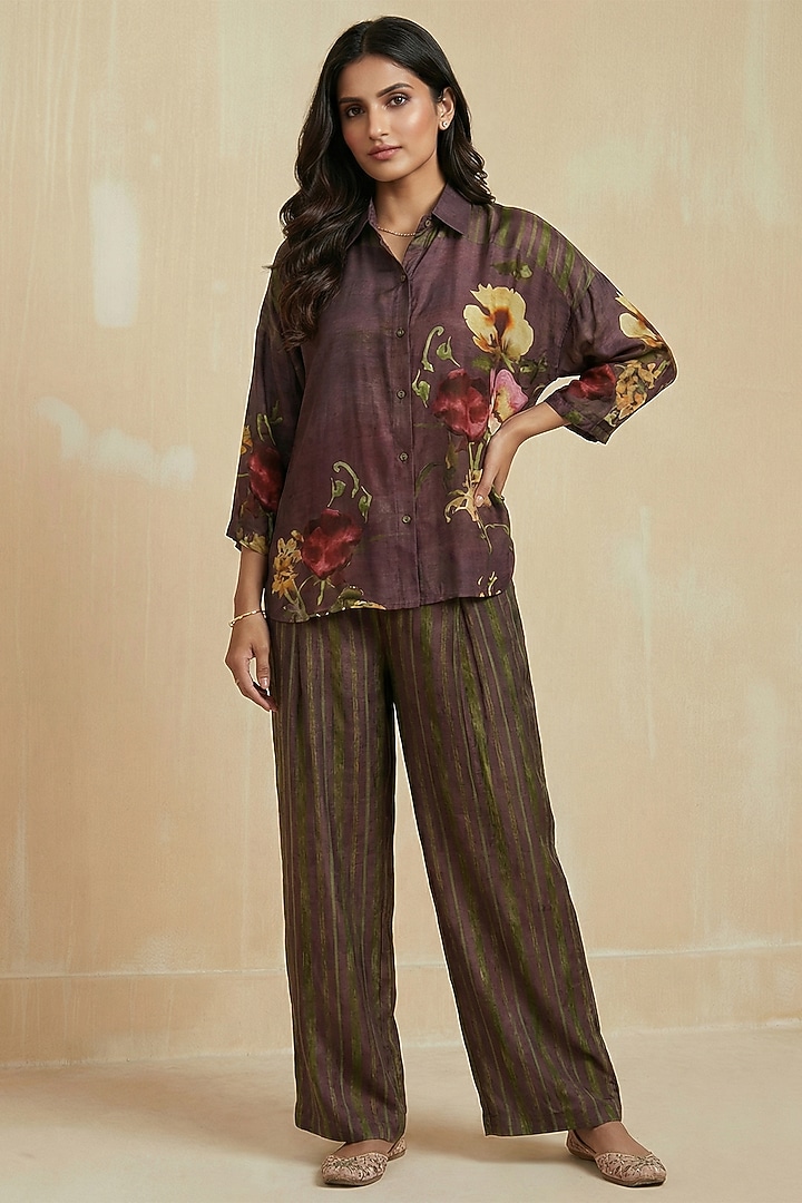 Earthy Mauve Silk Cotton Floral Printed Co-Ord Set by Kalista at Pernia's Pop Up Shop