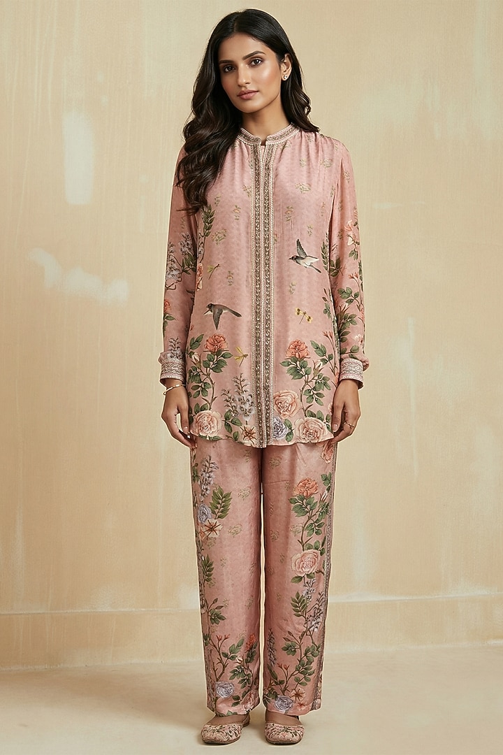 Powder Pink Viscose Silk Floral Printed Co-Ord Set by Kalista at Pernia's Pop Up Shop