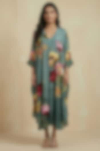 Dark Cyan Silk Cotton Floral Motif Printed Kaftan Summer Dress by Kalista at Pernia's Pop Up Shop