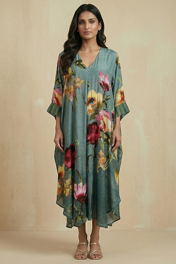 Dark Cyan Silk Cotton Floral Motif Printed Kaftan Summer Dress by Kalista at Pernia's Pop Up Shop