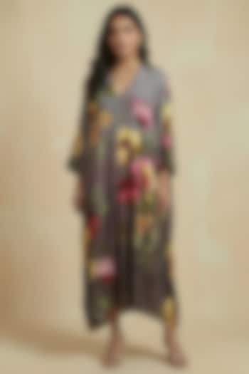 Stone Grey Silk Cotton Floral Motif Printed Kaftan Summer Dress by Kalista at Pernia's Pop Up Shop