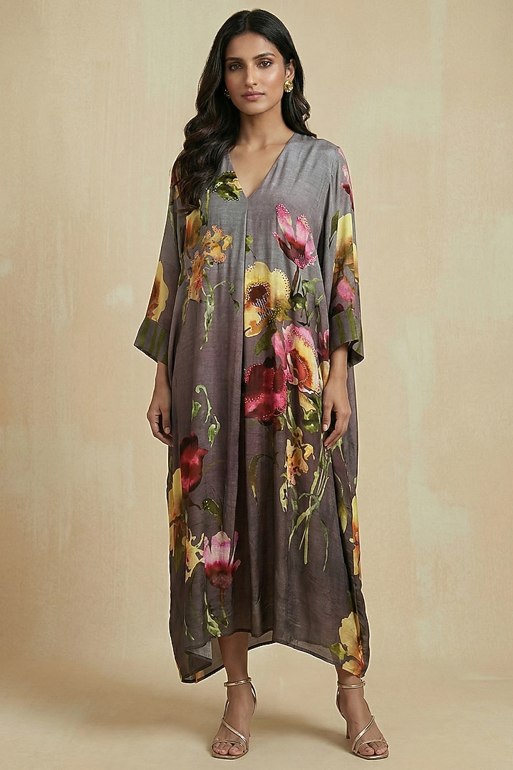 Stone Grey Silk Cotton Floral Motif Printed Kaftan Summer Dress by Kalista at Pernia's Pop Up Shop