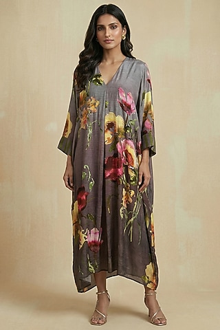 Stone Grey Silk Cotton Floral Motif Printed Kaftan Dress by Kalista